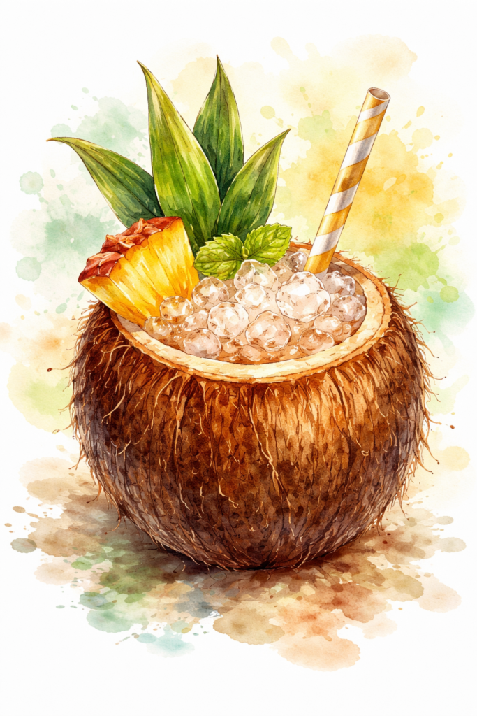 Coconut Goddess Tiki Cocktail Served in a Whole Fresh Coconut at Ratafia cocktail bar in Cupecoy, Sint Maarten - the best cocktail bar in St. Maarten