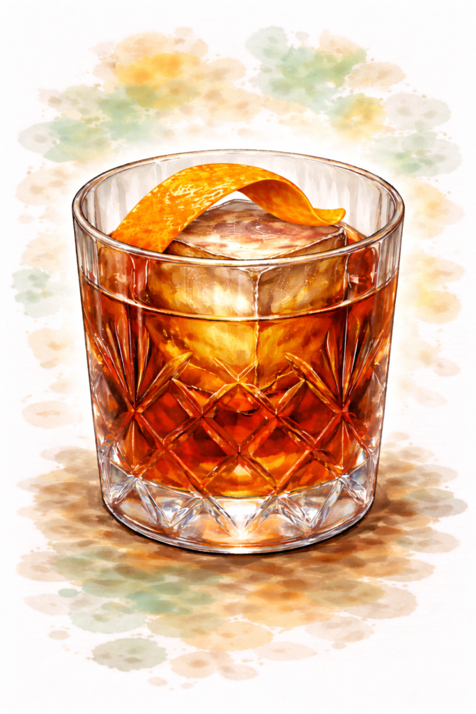 Classic Old Fashioned Cocktail at Ratafia tiki bar in Cupecoy, Sint Maarten containing Bulleit Bourbon Whiskey, Homemade Simple Syrup, Angostura Bitters, and Fresh Orange Essence
