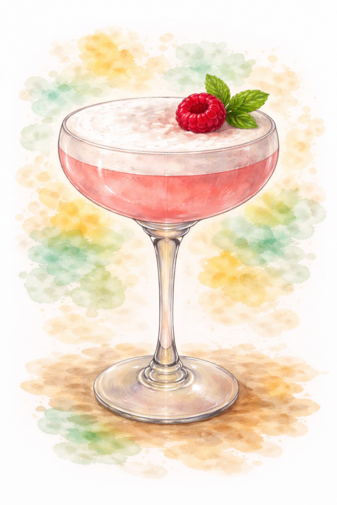 Clover Club cocktail at Ratafia in Cupecoy, Saint Martin containing London Dry Gin, Fresh Lemon Juice, Dry Vermouth, Homemade Raspberry Syrup, and Homemade Aquafaba