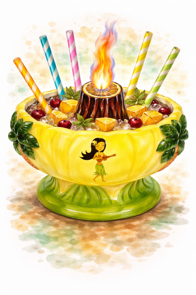 Flaming Hula Bowl shared tiki cocktail at Ratafia in Cupecoy, Sint Maarten containing Coconut Rum, Chardonnay Brut Sparkling Wine, Fresh Pineapple Juice, Fresh Pineapple, Fresh Lime Juice, and Maraschino Cherries