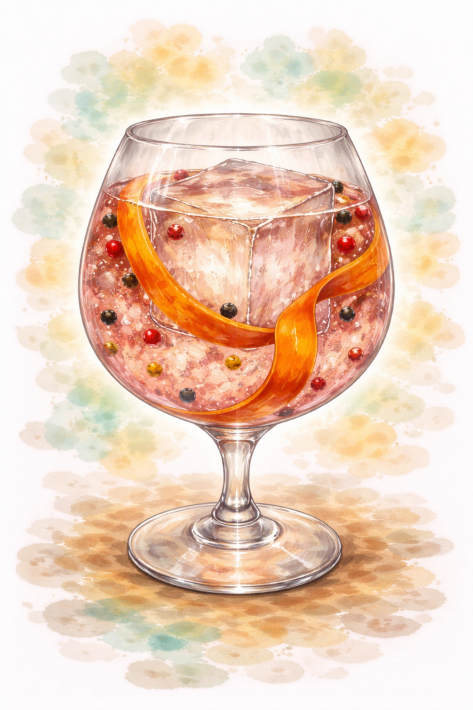 Hipster's Gin & Tonic Cocktail at Ratafia cocktail bar in Cupecoy, Sint Maarten containing Homemade Red and Black Peppercorn-Infused London Dry Gin, Tonic Water, Homemade Pickled Carrot Ribbon, and Red Peppercorns