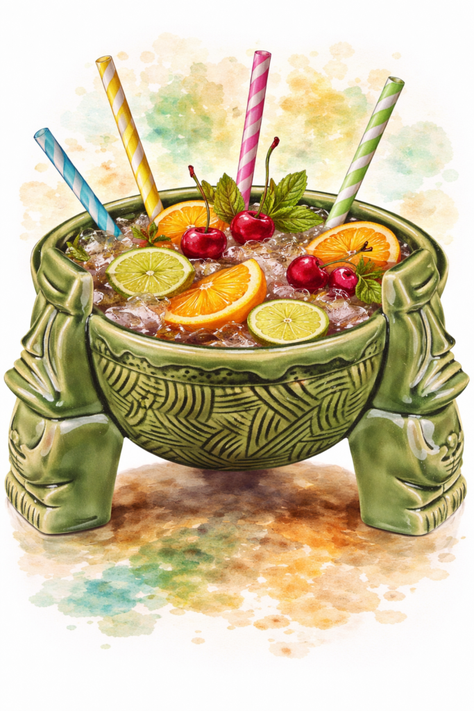 Jungle Bowl shared tiki cocktail at Ratafia in Cupceoy, Sint Maarten containing House Blend of Guadeloupean Agricole Blanc Rum, Saint Lucian White Rum, and Jamaican Dark Rum, Fresh Passionfruit Juice, Fresh Lime Juice, Homemade Cinnamon Syrup