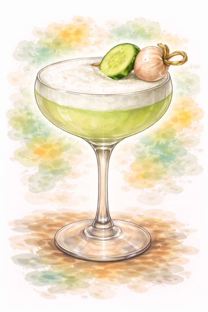 Lychee Mirage Cocktail at Ratafia cocktail bar in Cupecoy, St. Martin containing London Dry Gin, Fresh Cucumber, Lychee Liqueur, Homemade Simple Syrup, Fresh Lime Juice, Homemade Aquafaba, and Toasted Sesame Seeds