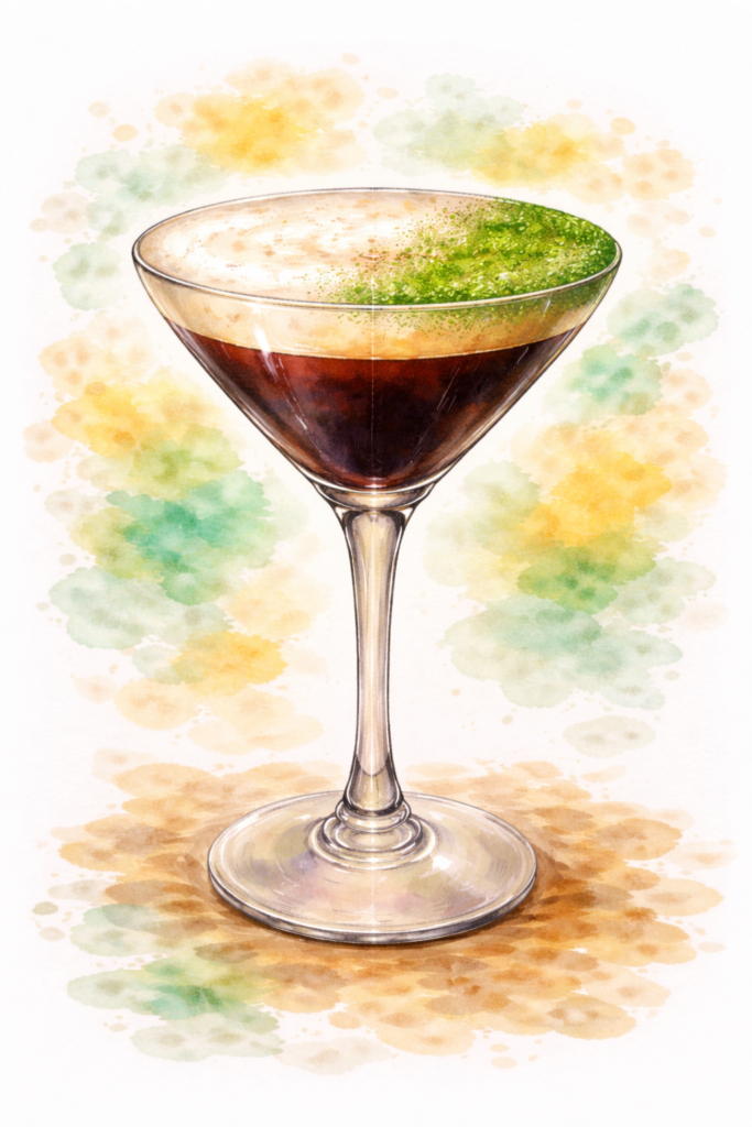 Matcha Espresso Martini cocktail at Ratafia cocktail bar in Cupecoy, St. Maarten containing Homemade Coffee-Infused Vodka, Organic Espresso, Kahlua Coffee Liqueur, and Ceremonial Grade Japanese Matcha