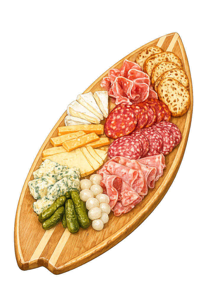 Charcuterie and Cheese Board at Ratafia restaurant in Cupecoy, Sint Maarten - Curated Selection of Artisanal Meats + Cheeses Selected Daily, Bread Crisps, Cornichons and Pickled Pearl Onions