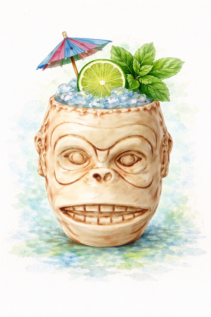 Mai Tai tiki cocktail at Raafia in Cupecoy, Sint Maarten containing a House Blend of Jamaican Dark Rum and Guadeloupean Agricole Blanc Rum, Triple Sec Orange Liqueur, Orgeat Syrup, Fresh Lime Juice, and Fresh Mint