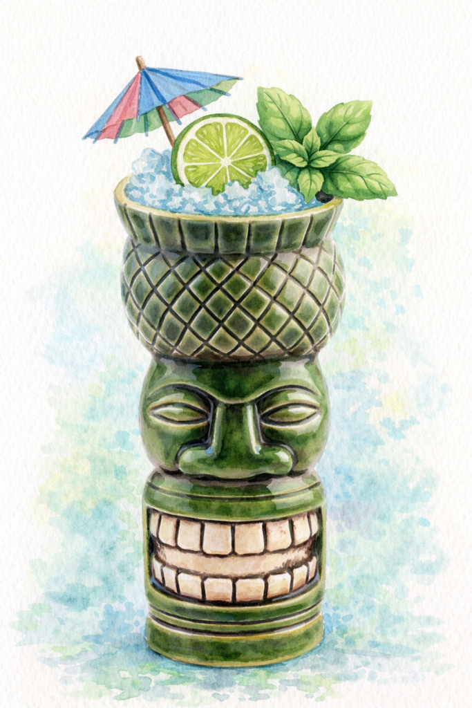 Koko-Hana Tiki Cicktail at Ratafia in Cupecoy, Sint Maarten containing Cachaca, Coconut Rum, Fresh Pineapple Juice, Fresh Lime Juice, and Homegrown Basil