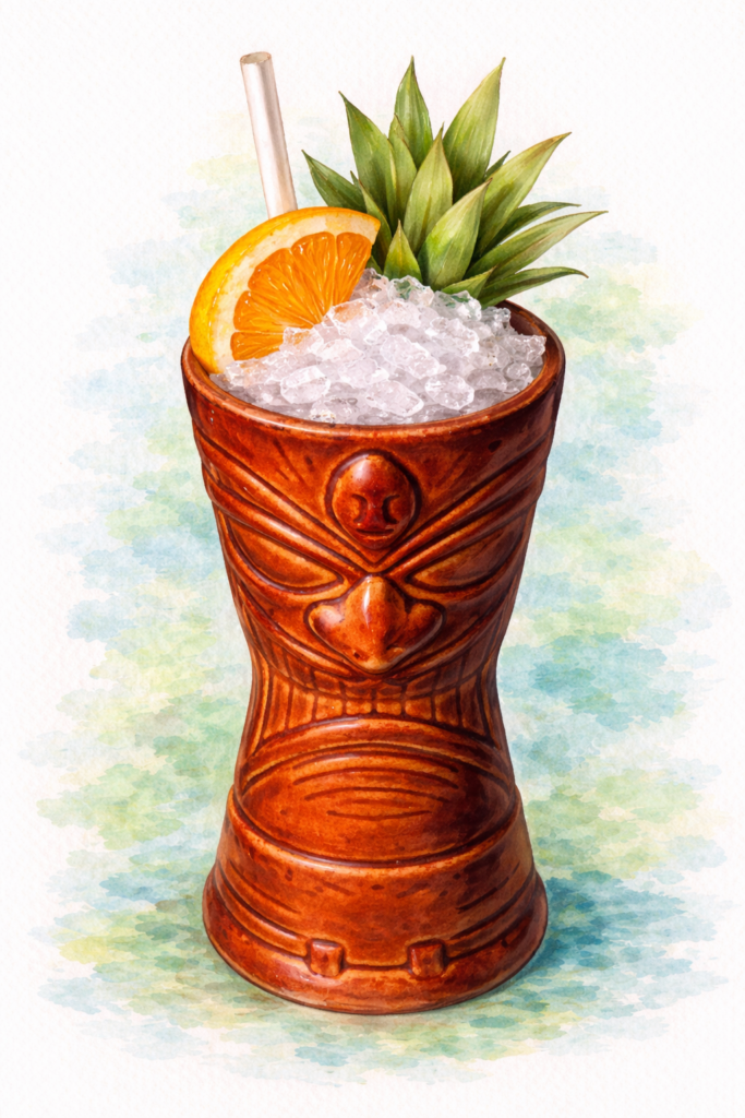 The Zombie tiki cocktail at Ratafia in Cupecoy, Sint Maarten containing Jamaican Dark Rum, Puerto Rican Gold Rum, 151-Proof Demerara Rum, Fresh Lime Juice, Don's Mix, Falernum, Homemade Grenadine Syrup, Star Anise Liqueur, Angostura Bitters